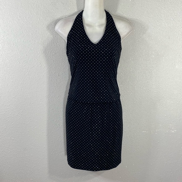 Cache Black Gold Dot Stud Jersey Blouson Halter Dress Small S VV23 - Picture 5 of 12